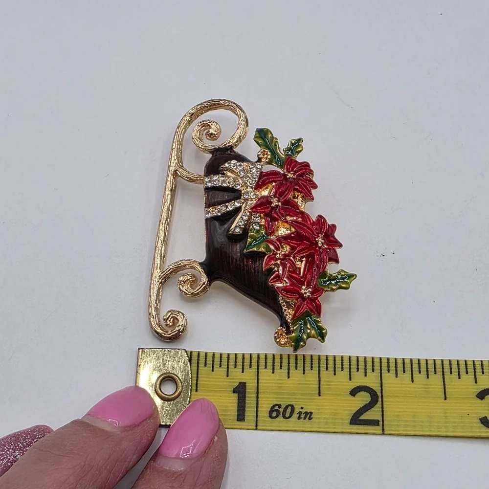 Vintage Anne Klein Christmas Sleigh Poinsettia Brooch Enamel Rhinestones Holiday